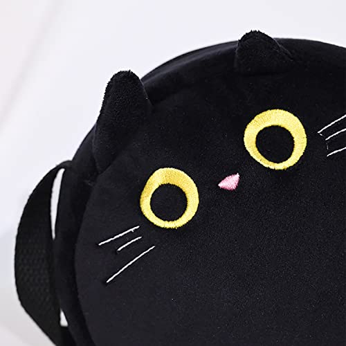 Chubby Plush Cat Crossbody Bag For Women, Cute Kitty Shoulder Bag With Tail, Lovely Animal Purse Satchel for JK Lolita (Black)