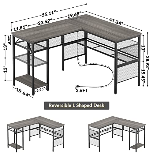 Unikito L Shaped Desk, Reversible Corner Computer Desks with Power Outlet and USB Charging Port, L- Shaped Office Desk with Storage Shelf and Under Bookshelf, Modern 2 Person Long Table, Enoch Walnut