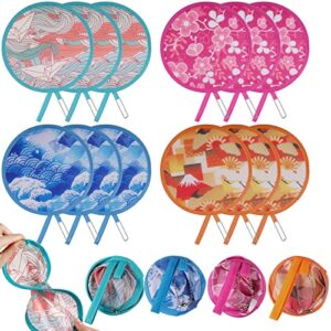 12 pcs round japanese style foldable hand fan summer flower handheld folding fan 4 patterns collapsible handheld fan foldable for women girls daily use festival wedding party favors home decorations