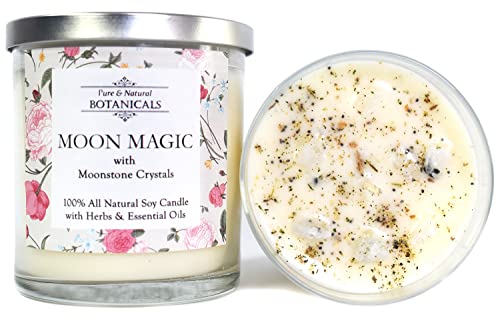 Moon Magic Natural Soy Candle | 10 Oz with Crystals, Lotus & Frankincense | Wiccan, Pagan Hoodoo, Magic