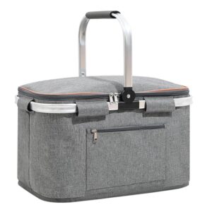 pamime 35l large picnic basket aluminum folding picnic basket insulated lunch bag padded handle picnic basket for men for travel cooler shopping camping grocery bags(grey)