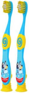colgate bluey toothbrush for children with suction cup, kids 2-5 years old, extra soft (colors & characters very) – pack of 2