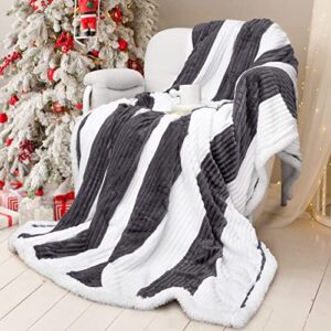 inhand sherpa throw blanket, soft fleece blanket throw for couch, bed, grey plush cozy sherpa warm fuzzy thick flannel blankets twin with stripe for women, men, adults (60″x80″)