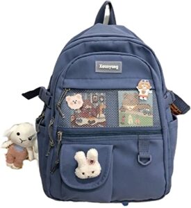 large backpack women students carry on backpack hiking backpack outdoor sports rucksack casual daypack school bag (blue with rabbit)
