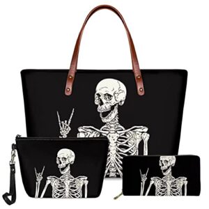 giftpuzz womens 3 packs pink skeleton handbags set with pu leather long wallets, shoulder bag top handle bag, mack up bag for teen girls purse