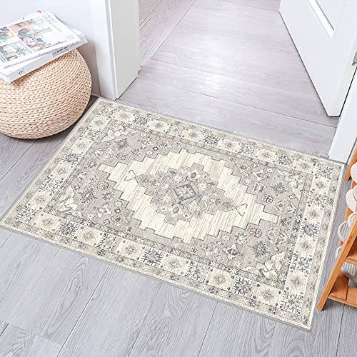 GEVES Grey Oriental Rug 2x3 Boho Entryway Rugs for Bedroom Kitchen Bathroom Decor Doormat Washable Indoor Use Non-Slip Rubber Backing