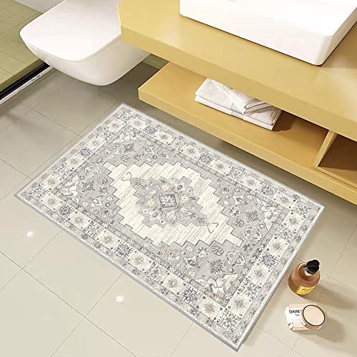 GEVES Grey Oriental Rug 2x3 Boho Entryway Rugs for Bedroom Kitchen Bathroom Decor Doormat Washable Indoor Use Non-Slip Rubber Backing