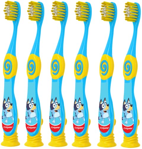 Colgate Bluey Toothbrush for Children with Suction Cup, Kids 2-5 Years Old, Extra Soft (Colors & Characters Very) - Pack of 6