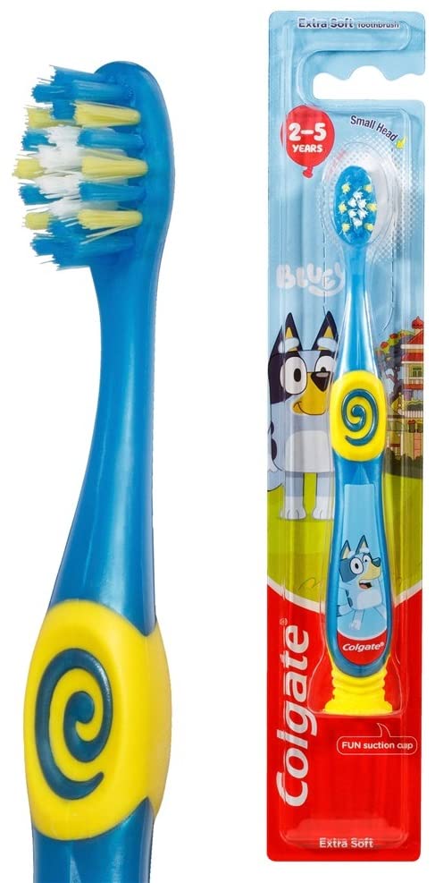 Colgate Bluey Toothbrush for Children with Suction Cup, Kids 2-5 Years Old, Extra Soft (Colors & Characters Very) - Pack of 6