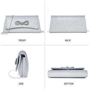 Labair Womens Evening Bag Sparkly Bow Clutch Purses for Women Wedding Prom Formal purses Handbags. (Silver)