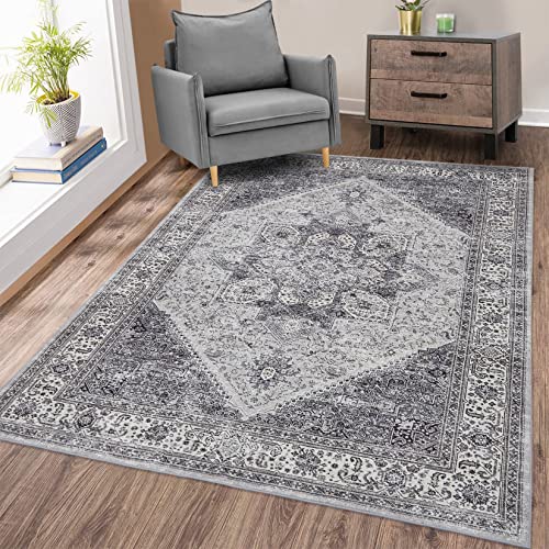 COZYLOOM Area Rug 8x10 Persian Rug Vintage Rug Indoor Floor Print Distressed Carpet Rug Velvet Mat Foldable Accent Rug Lightweight Kitchen Living Room Bedroom Dining Room, Grey