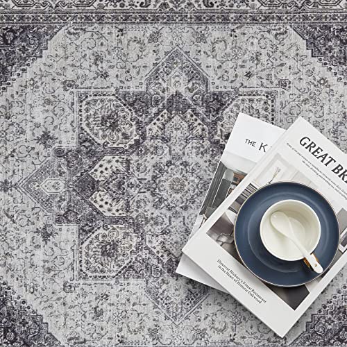 COZYLOOM Area Rug 8x10 Persian Rug Vintage Rug Indoor Floor Print Distressed Carpet Rug Velvet Mat Foldable Accent Rug Lightweight Kitchen Living Room Bedroom Dining Room, Grey