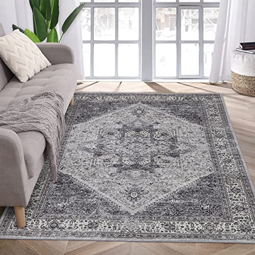 COZYLOOM Area Rug 8x10 Persian Rug Vintage Rug Indoor Floor Print Distressed Carpet Rug Velvet Mat Foldable Accent Rug Lightweight Kitchen Living Room Bedroom Dining Room, Grey