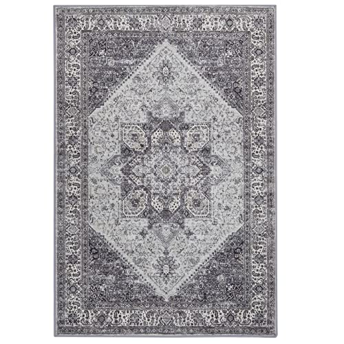 COZYLOOM Area Rug 8x10 Persian Rug Vintage Rug Indoor Floor Print Distressed Carpet Rug Velvet Mat Foldable Accent Rug Lightweight Kitchen Living Room Bedroom Dining Room, Grey