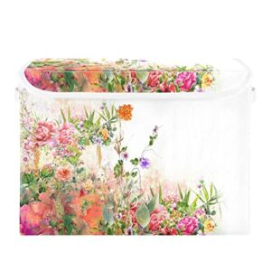 goodold watercolor leaves flower storage bins with lids, 16.5×12.6×11.8in large collapsible fabric storage boxes with handles, stackable cube organizer containers for closet home office