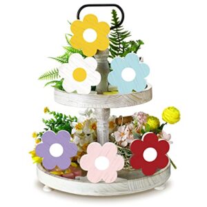 6 pieces spring tiered tray decor daisy flower wooden signs easter tiered tray decor wooden sign farmhouse colorful rustic wood tiered tray decor for spring home table shelf party kitchen decoration