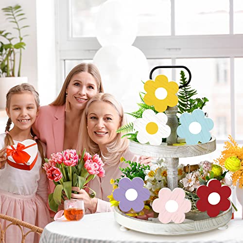 6 Pieces Spring Tiered Tray Decor Daisy Flower Wooden Signs Easter Tiered Tray Decor Wooden Sign Farmhouse Colorful Rustic Wood Tiered Tray Decor for Spring Home Table Shelf Party Kitchen Decoration