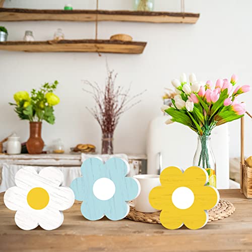 6 Pieces Spring Tiered Tray Decor Daisy Flower Wooden Signs Easter Tiered Tray Decor Wooden Sign Farmhouse Colorful Rustic Wood Tiered Tray Decor for Spring Home Table Shelf Party Kitchen Decoration