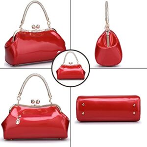 XingChen Glossy Patent Leather Handbag for Women Top Handle Tote Bag Evening Shoulder Bag Wedding Satchel Retro Purse Red