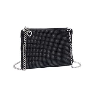 gorglitter women’s rhinestone clutch purse heart chain evening bag glitter purse handbag black one size