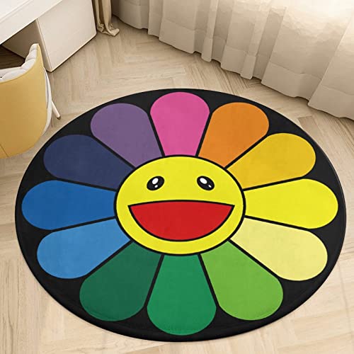 Takashi Murakami Sunflower Round Floor Mat Modern Home Decor Carpet Area Rug Non-Slip Door mat,for Indoor Living Dining Room Bedroom 3 Ft