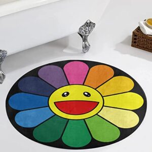 Takashi Murakami Sunflower Round Floor Mat Modern Home Decor Carpet Area Rug Non-Slip Door mat,for Indoor Living Dining Room Bedroom 3 Ft