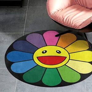 Takashi Murakami Sunflower Round Floor Mat Modern Home Decor Carpet Area Rug Non-Slip Door mat,for Indoor Living Dining Room Bedroom 3 Ft