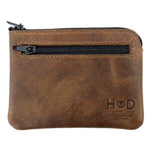 hide & drink, zippered pouch handmade from full grain leather, compact bag for coins, small personal items, cash & card holder – bourbon brown