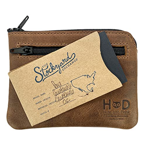 Hide & Drink, Zippered Pouch Handmade from Full Grain Leather, Compact Bag for Coins, Small Personal Items, Cash & Card Holder - Bourbon Brown