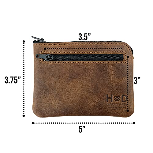 Hide & Drink, Zippered Pouch Handmade from Full Grain Leather, Compact Bag for Coins, Small Personal Items, Cash & Card Holder - Bourbon Brown