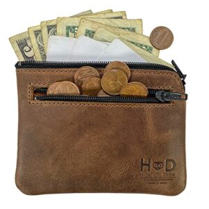 Hide & Drink, Zippered Pouch Handmade from Full Grain Leather, Compact Bag for Coins, Small Personal Items, Cash & Card Holder - Bourbon Brown