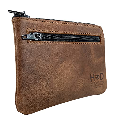 Hide & Drink, Zippered Pouch Handmade from Full Grain Leather, Compact Bag for Coins, Small Personal Items, Cash & Card Holder - Bourbon Brown