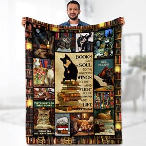 cat gifts book lovers blanket – cats and books blanket kitten print throw blankets for women girls, soft flannel fleece with black cat reading blanket gifts for kids teen adults reader 60″ x 50″