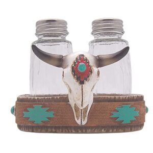 salt and pepper set holder with a cow skull design, southwestern décor, shakers included, 4.75 inches