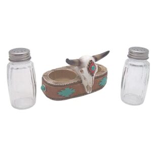 Salt and Pepper Set Holder with a Cow Skull Design, Southwestern Décor, Shakers Included, 4.75 Inches