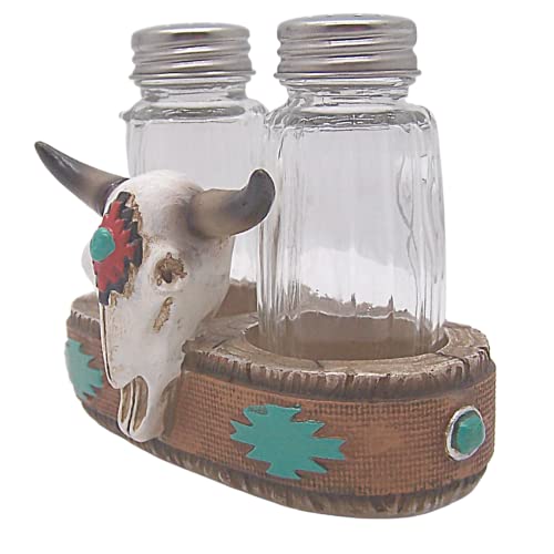 Salt and Pepper Set Holder with a Cow Skull Design, Southwestern Décor, Shakers Included, 4.75 Inches