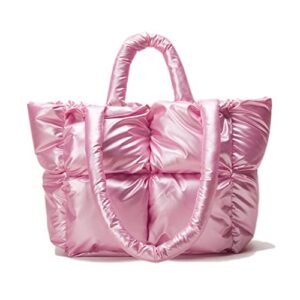 large puffer tote bag, trendy luxury chic quilted cotton padded designer handbags for women, winter soft puffer shoulder bag nylon down pillow bag women’s handbags & shopper bag (z-shiny pink)