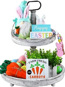 yotnus easter decorations – easter decor 7 pcs tiered tray decor,included gnomes plush, wood beads garland, 2 wooden signs, 3 carrots, farmhouse spring table decorations for home(tray not included)