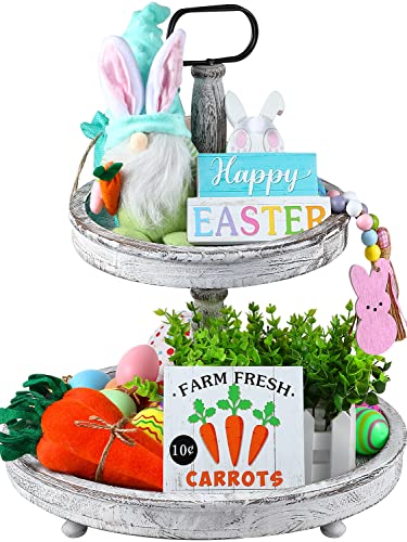 YOTNUS Easter Decorations - Easter Decor 7 PCS Tiered Tray Decor,Included Gnomes Plush, Wood Beads Garland, 2 Wooden Signs, 3 Carrots, Farmhouse Spring Table Decorations for Home(Tray Not Included)