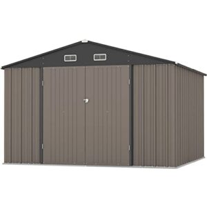 patiowell 10 x 10 ft outdoor storage shed, steel yard shed with design of lockable doors, utility and tool storage for garden, backyard, patio, outside use,brown