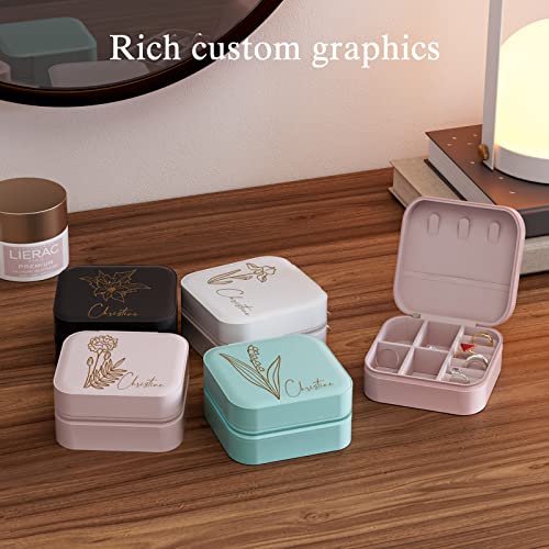 Personalized Travel Jewelry Box, Bridesmaid Gifts Valentines Day Gifts for Her, Birthday Gifts for Women Mom, Small Jewelry Organizer Case, Custom Name Birth Flower Leather Portable Storage Earrings