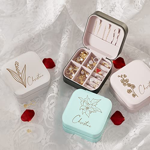 Personalized Travel Jewelry Box, Bridesmaid Gifts Valentines Day Gifts for Her, Birthday Gifts for Women Mom, Small Jewelry Organizer Case, Custom Name Birth Flower Leather Portable Storage Earrings