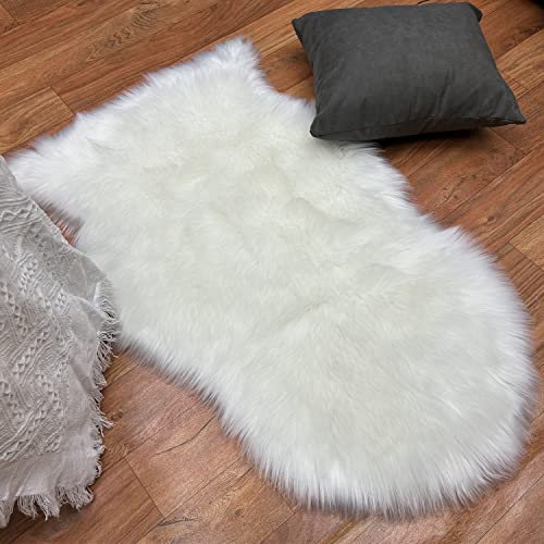 Champlus Faux Fur Rug for Bedroom Living Room Sofa, White Shaggy Fluffy Sheepskin Rug Throw Fuzzy Area Rug for Decor, Sheepskin Chair Cover Seat Pad Plush Carpet Playmat Shag Rug 2x3 Feet - White