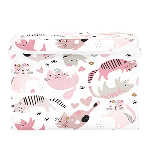 Kigai Pink Cats Storage Basket with Lid Collapsible Storage Bin Fabric Box Closet Organizer for Home Bedroom Office 1 Pack