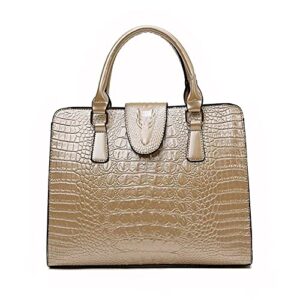 yaqunicer tote top-handle handbags patent pu leather women purse satchel crocodile pattern shoulder crossbody bag-gold