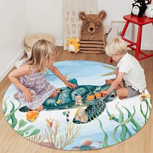 Ocean Life Round Area Rug 5 Ft, Sea Turtle Starfish World Underwater Pattern Soft Throw Rug Non-Slip Washable Carpet for Kid's Room, Nursery, Living Room, Bedroom, Teen's Room, Modern Home Decor