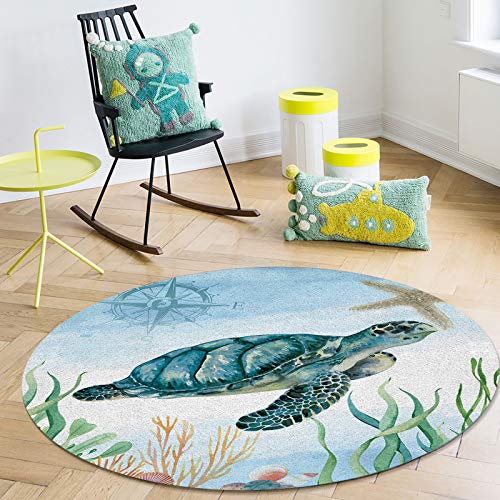 Ocean Life Round Area Rug 5 Ft, Sea Turtle Starfish World Underwater Pattern Soft Throw Rug Non-Slip Washable Carpet for Kid's Room, Nursery, Living Room, Bedroom, Teen's Room, Modern Home Decor