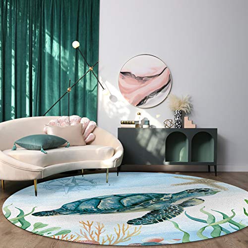 Ocean Life Round Area Rug 5 Ft, Sea Turtle Starfish World Underwater Pattern Soft Throw Rug Non-Slip Washable Carpet for Kid's Room, Nursery, Living Room, Bedroom, Teen's Room, Modern Home Decor