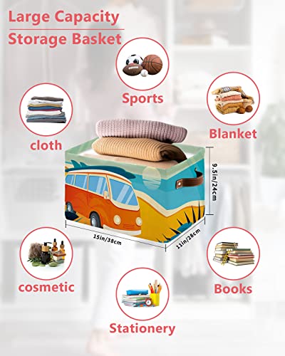 Summer Travel Storage Bin for Shelves with Leather Handles, 15 X 11 X 9.5 Inches Waterproof Storage Bins for Clothes Toy Blanket Books Organizers Storage Tropical Palm Trees and Seaside Bus
