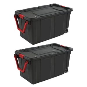 myvybe 40 gallon wheeled industrial tote,plastic storage tote container bin with black lid and racer red handle and latches, set of 2, black